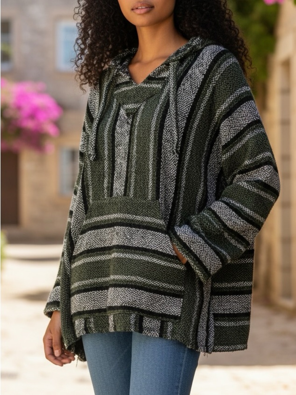 Hooded Baja style green, black and white striped sweater.🌻🌻